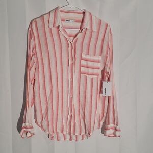 NWT Linen Lightweight Breezy Striped Button-Up Shirt Pink PM Gauzy Collared